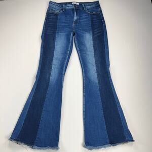 Vervet Two Tone Denim Mid Rise Flare Leg Stretch Jeans Raw Hem Size 30